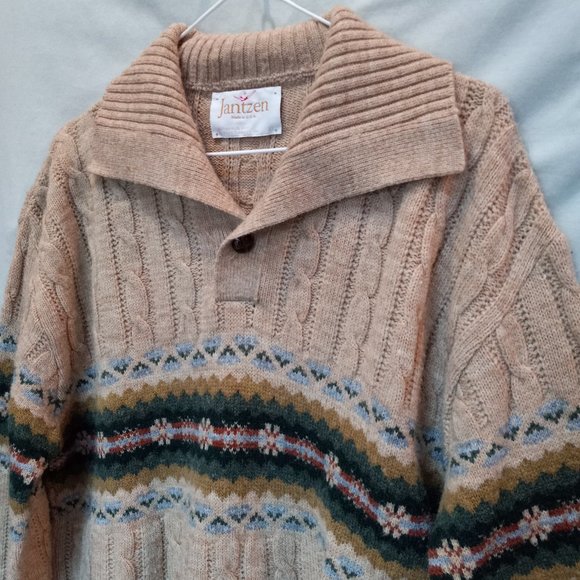 Vintage 1970's Jantzen Collared Single Button Sweater Fair Isle Nordic XL T-347 - Picture 5 of 13